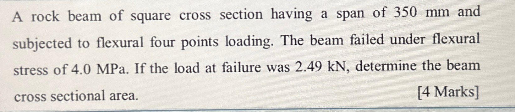 A rock beam of square cross section having a span