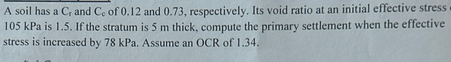 A soil has a C r and C c of 0 . 1 2 and 0 . 7 3 ,