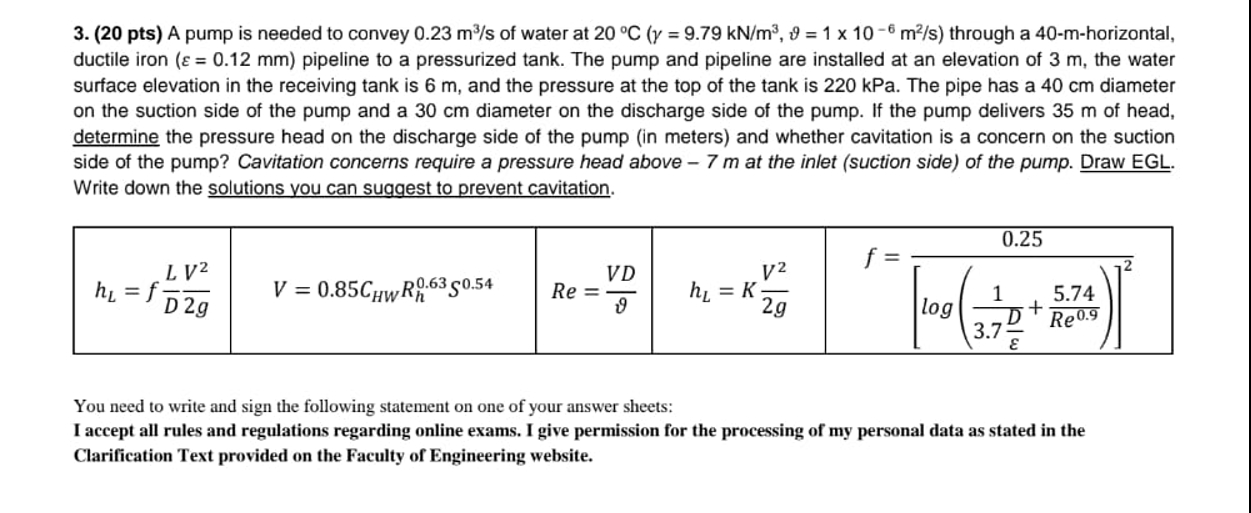 ( 2 0 pts ) A pump is needed to convey 0 . 2 3 m