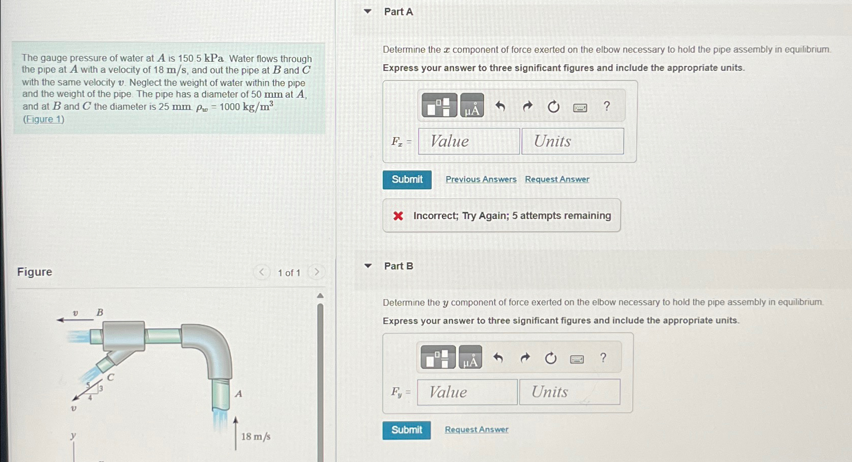 Part A The gauge pressure of water at A is 1 5 0