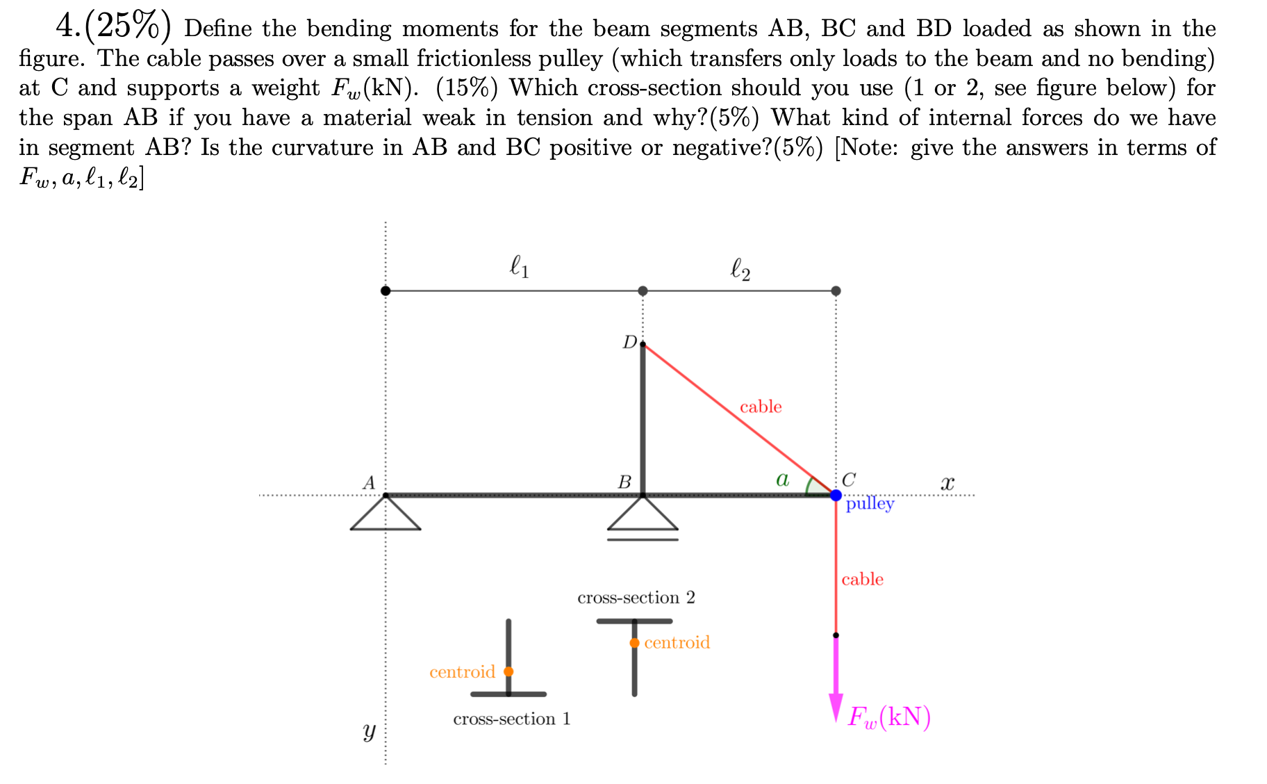 Define the bending moments for the beam segments