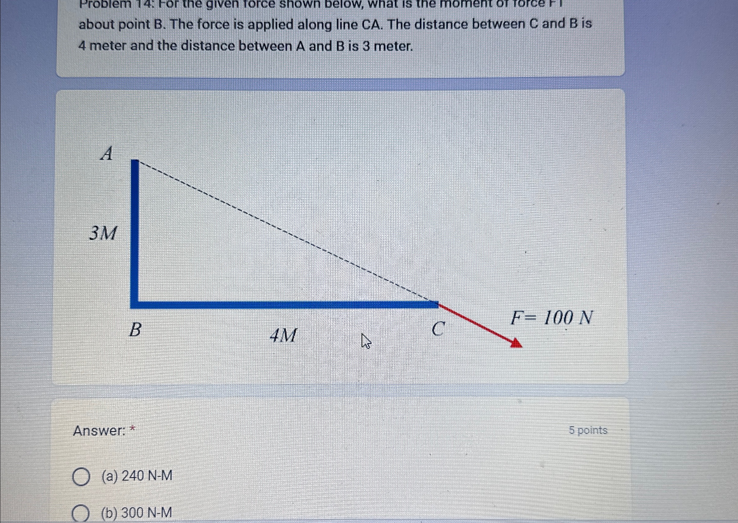 about point B . The force is applied along line C