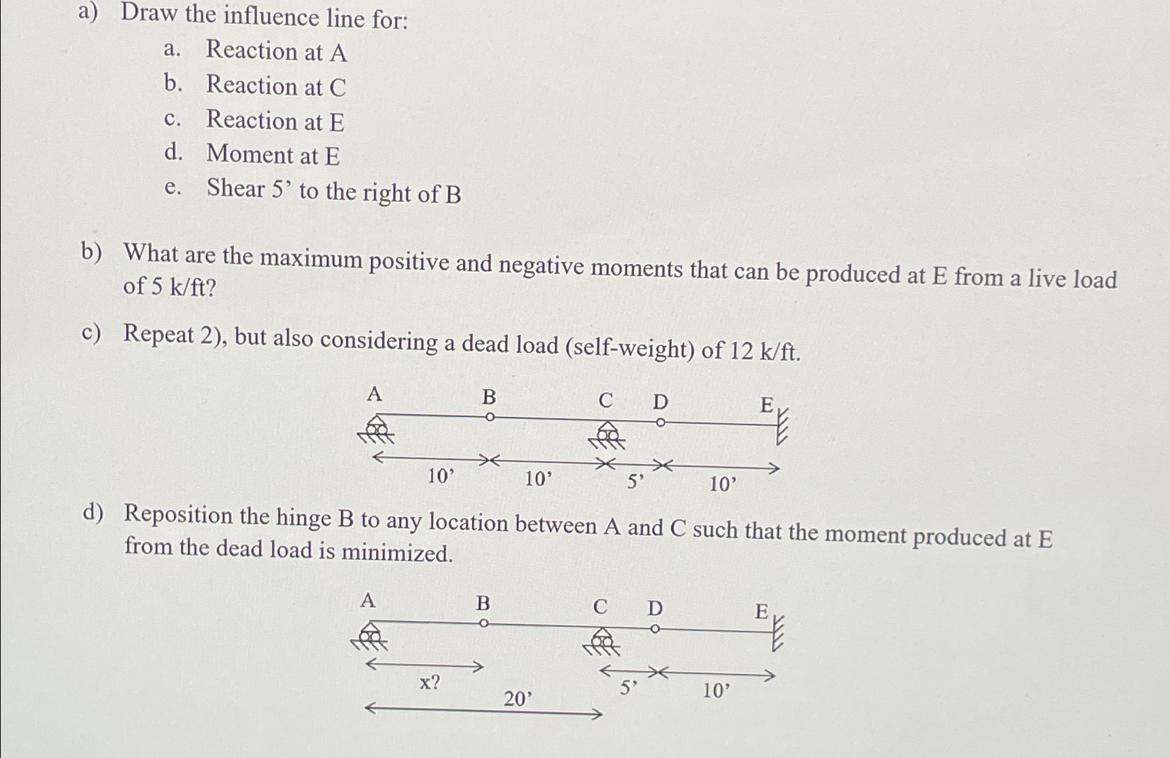 a ) Draw the influence line for: a . Reaction at