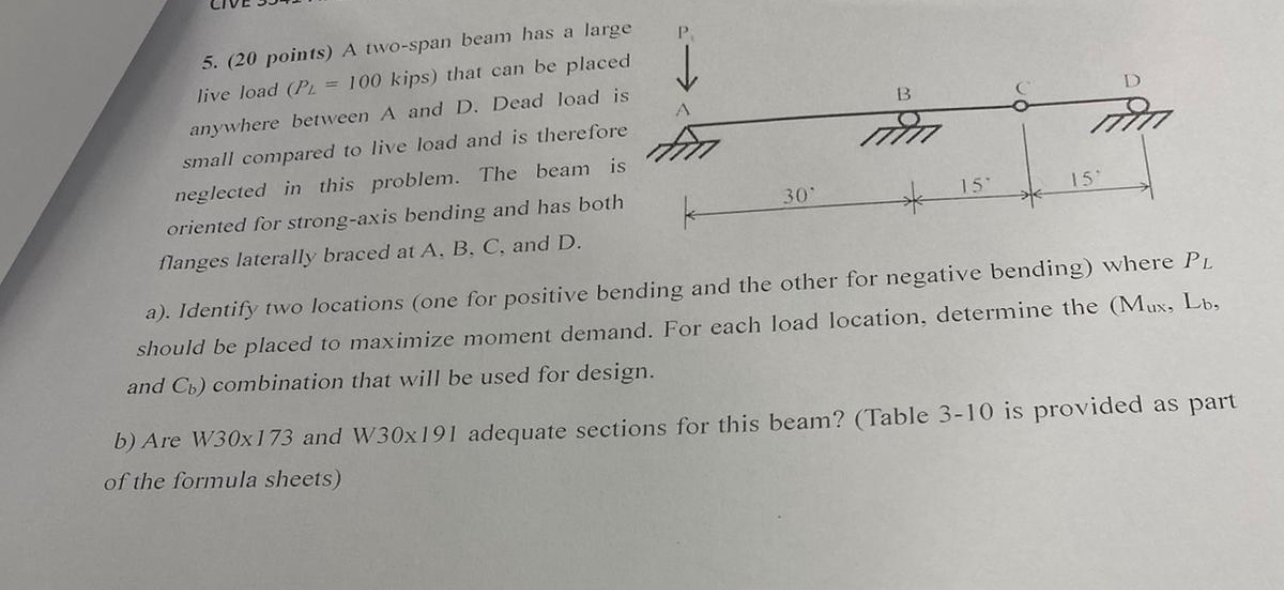 ( 2 0 points ) A two - span beam has a large live