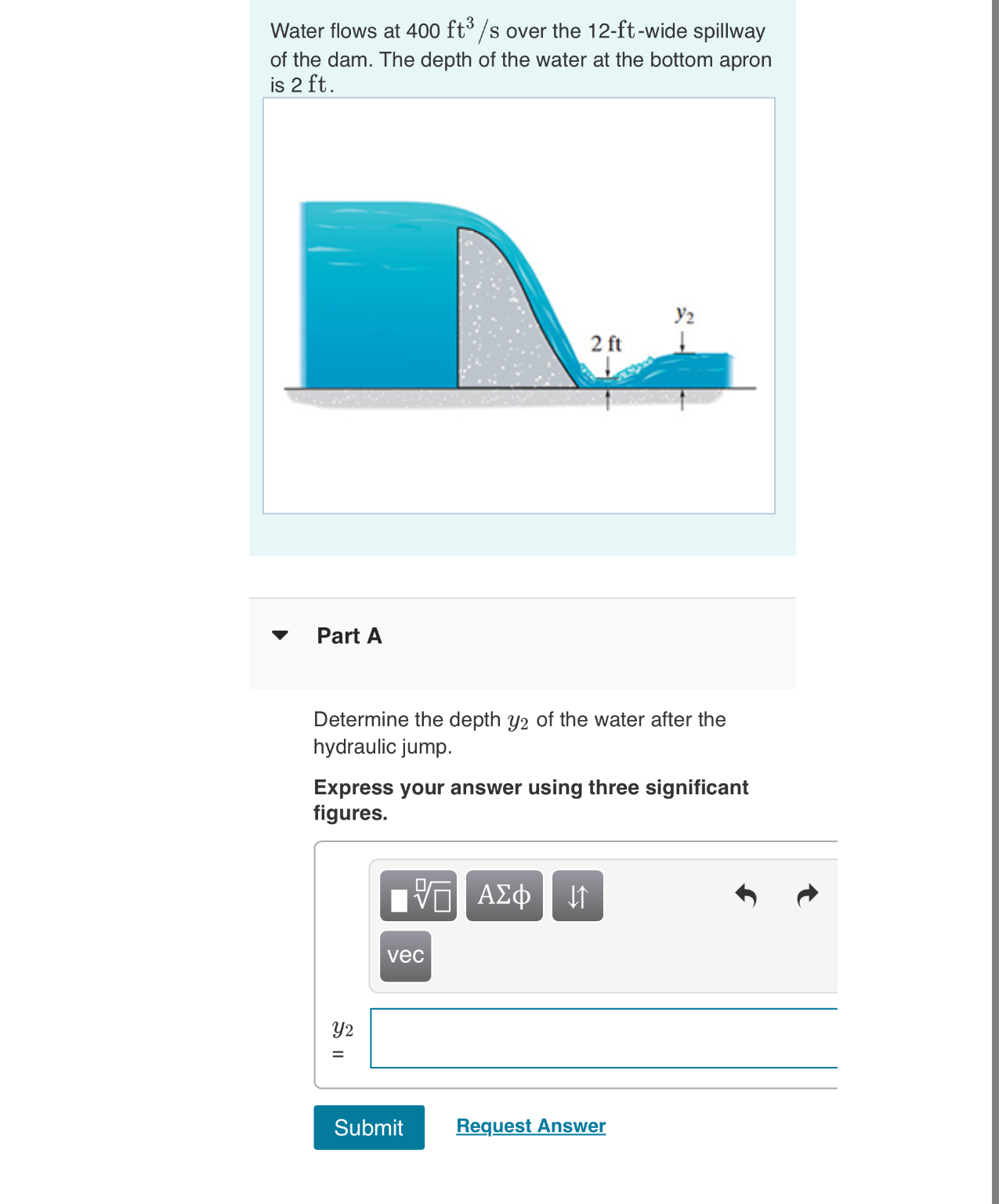Water flows at 4 0 0 f t 3 s over the 1 2 - f t -