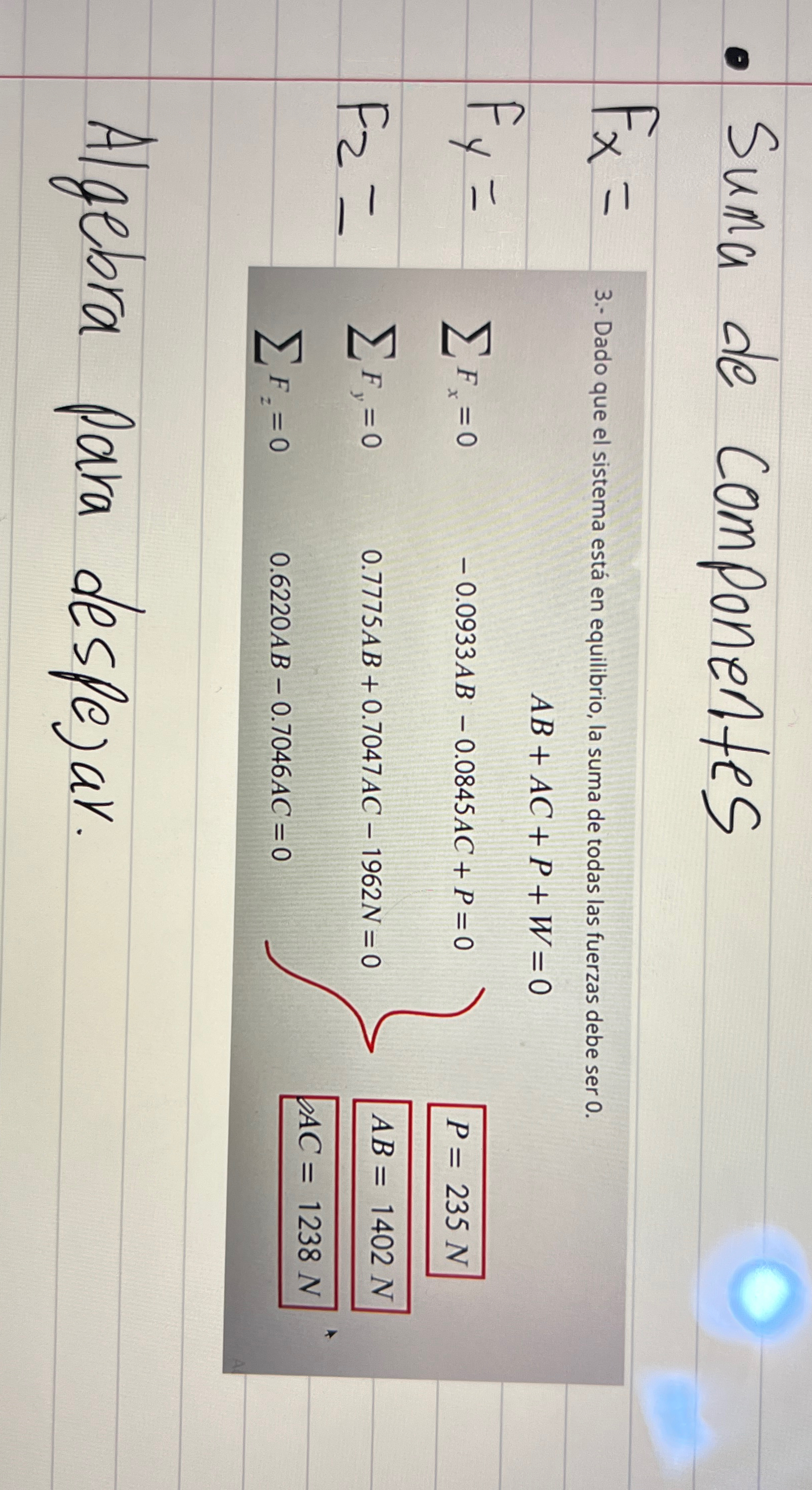 Mecanica Estatica. Suma de componentes. Algebra