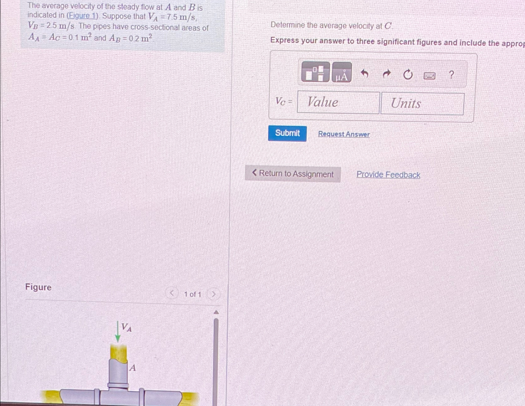 The average velocity of the steady flow at A and