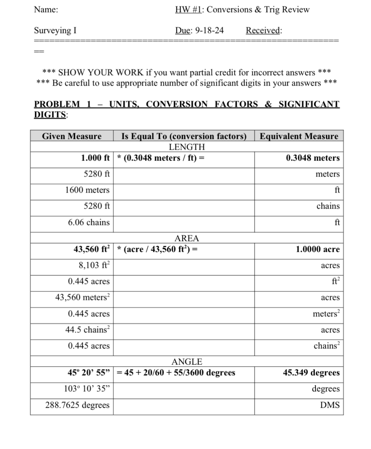 Name: HW # 1 : Conversions & Trig Review