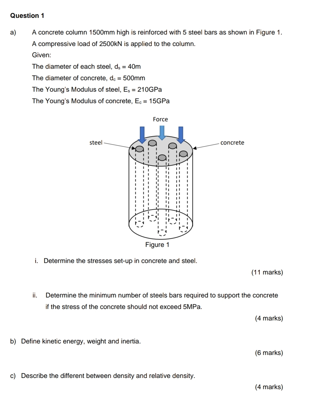 Question 1 a ) A concrete column 1 5 0 0 mm high