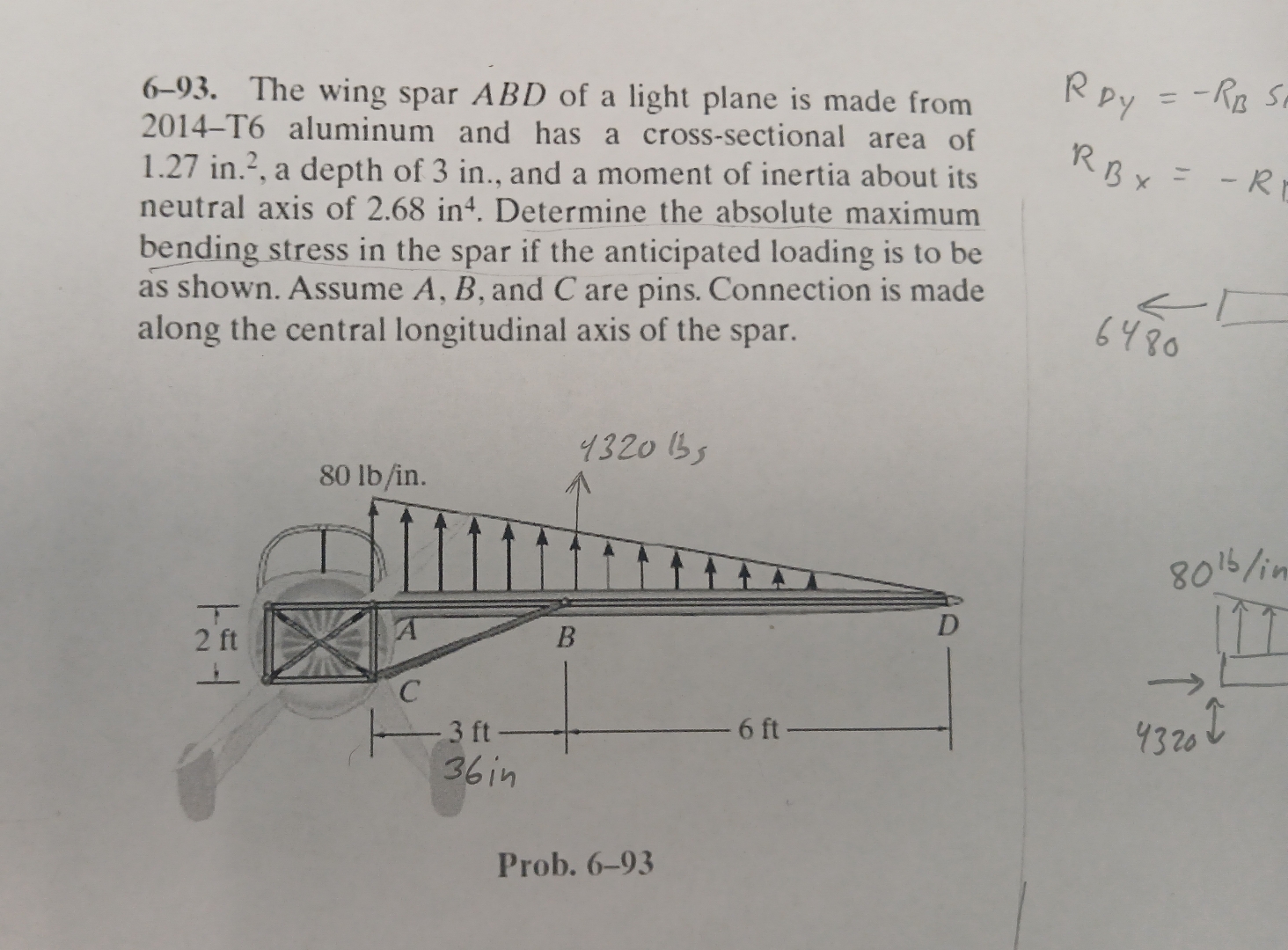 6 - 9 3 . The wing spar ABD of a light plane is