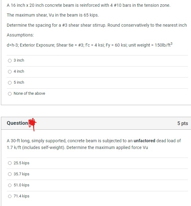 A 1 6 inch 2 0 inch concrete beam is reinforced