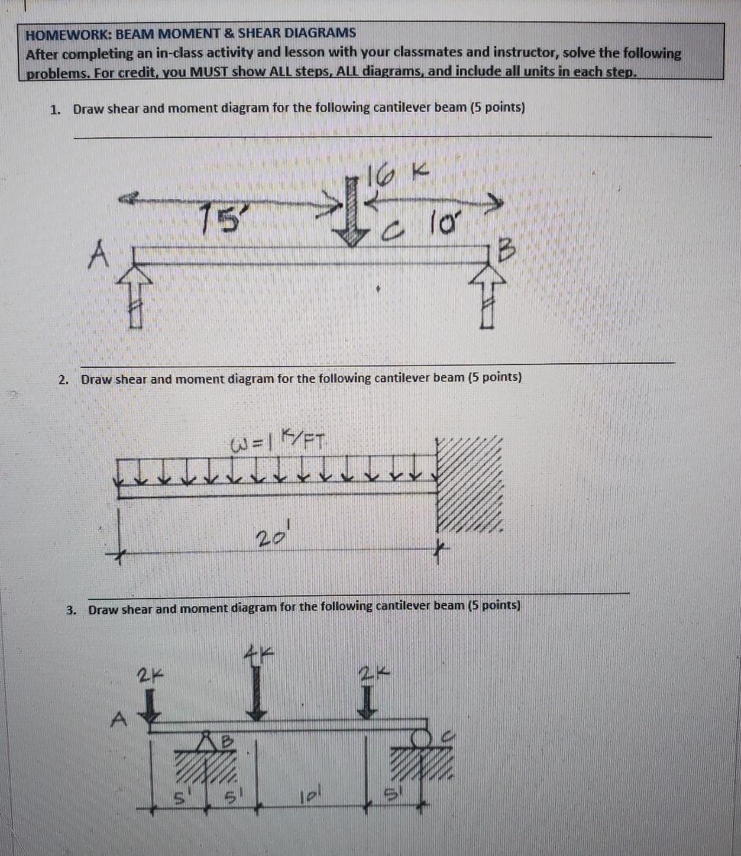 HOMEWORK: BEAM MOMENT & SHEAR DIAGRAMS After