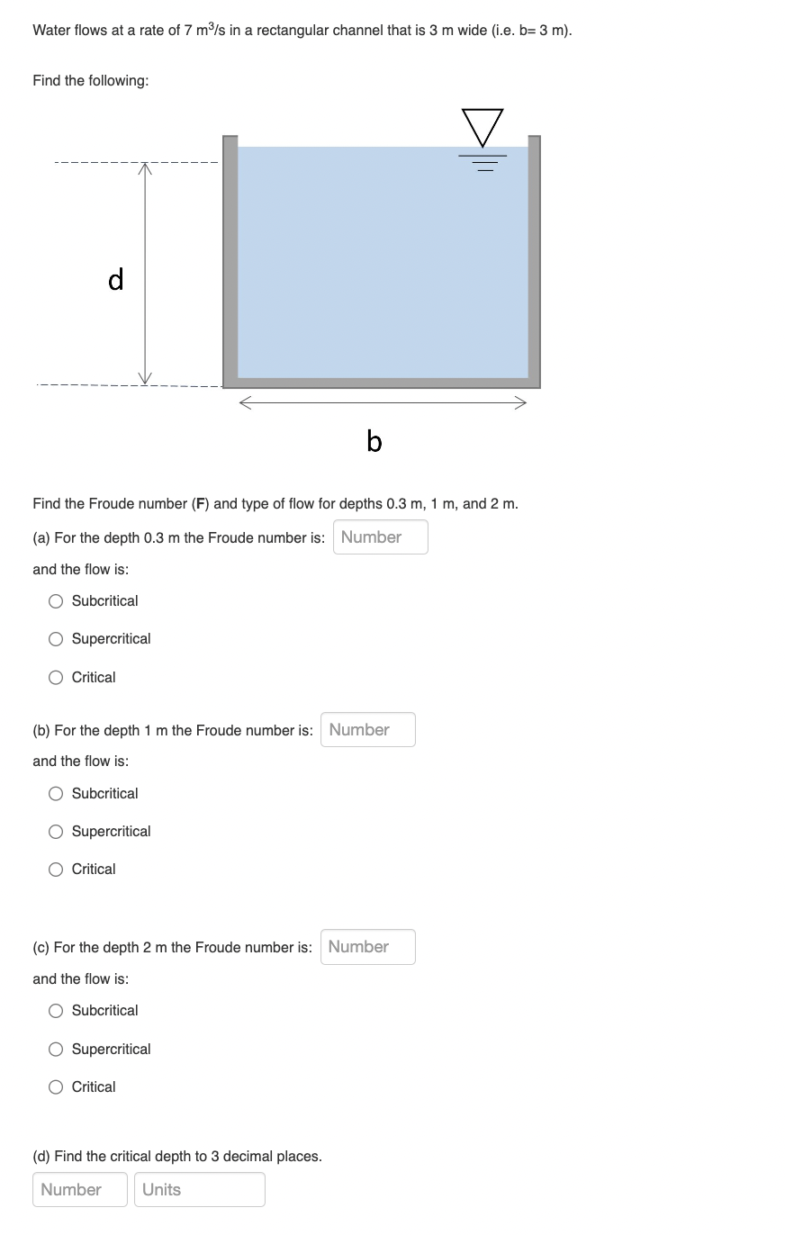 Water flows at a rate of 7 m 3 s in a rectangular