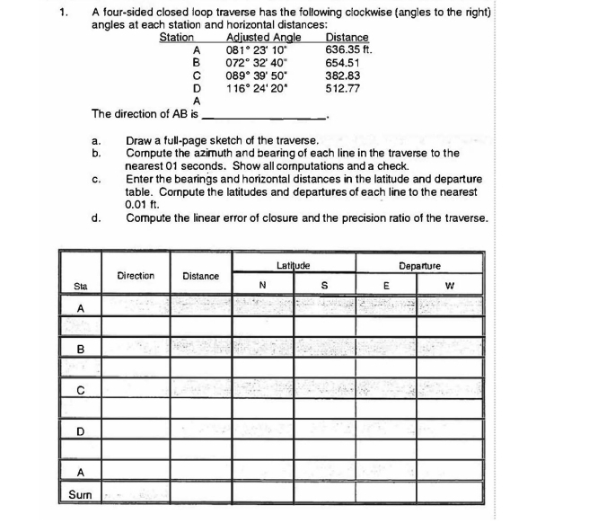 A four - sided closed loop traverse has the