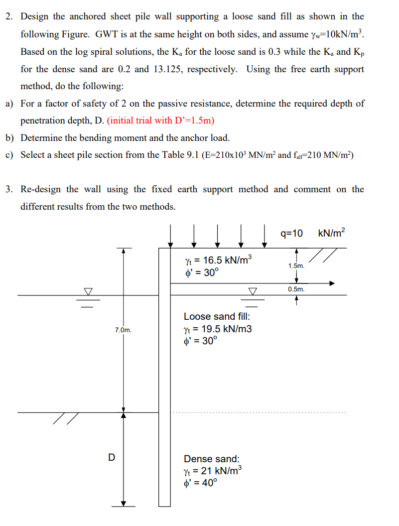 Design the anchored sheet pile wall supporting a