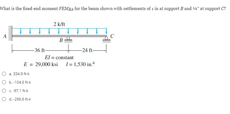 What is the fixed end moment F E M B A for the