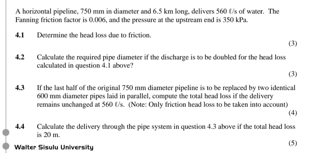 A horizontal pipeline, 7 5 0 mm in diameter and 6