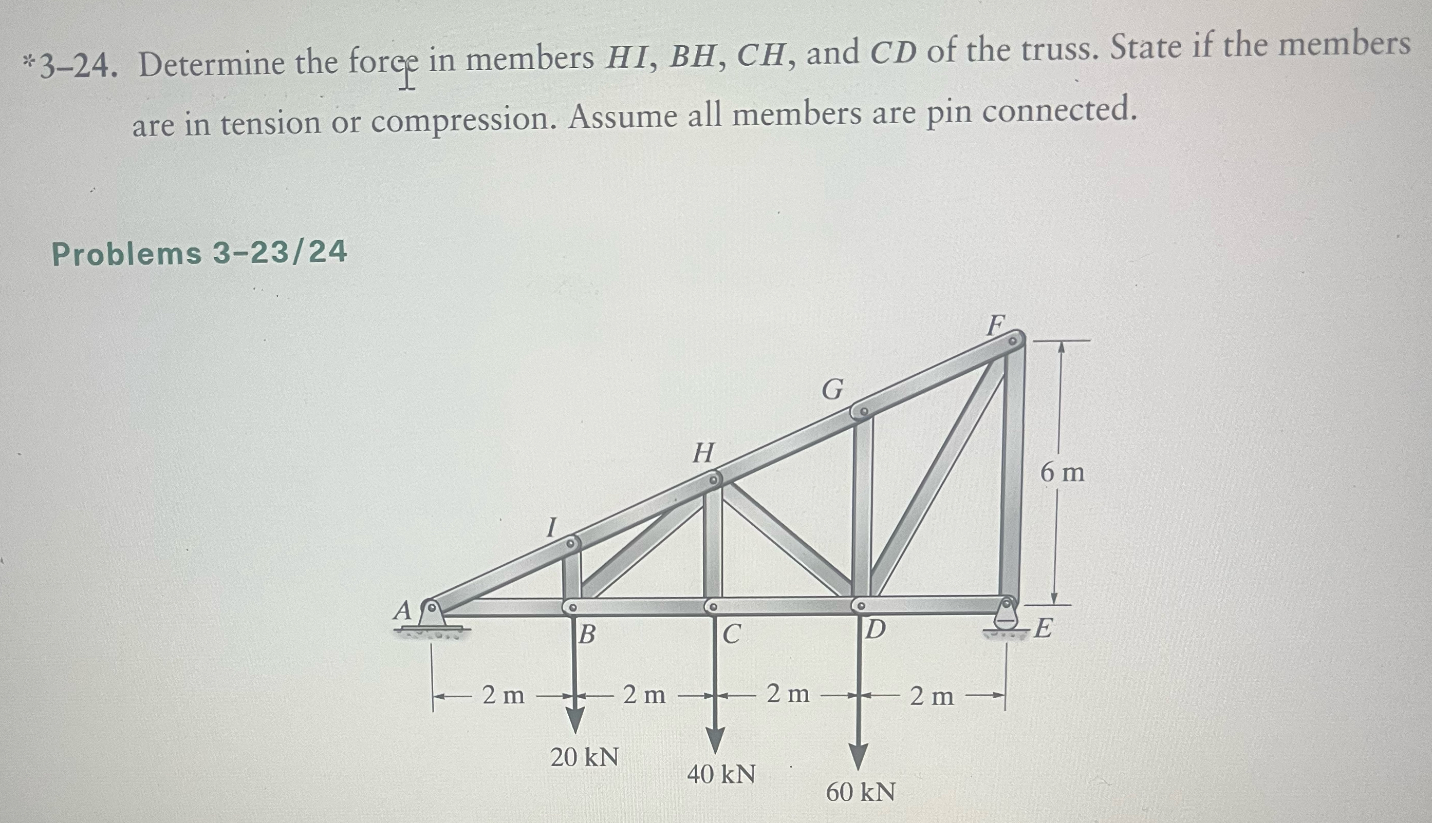 * 3 - 2 4 . Determine the force in members H I ,