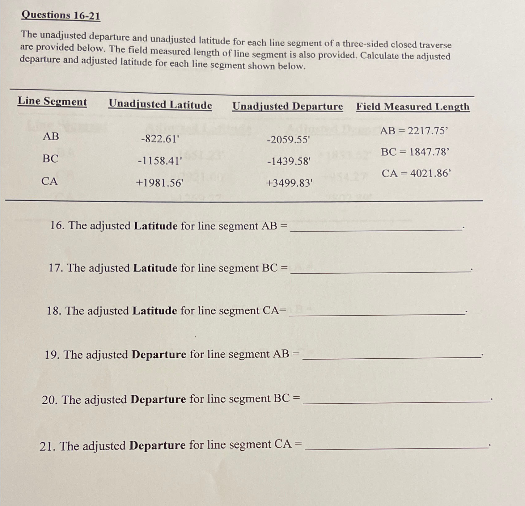 Questions 1 6 - 2 1 The unadjusted departure and