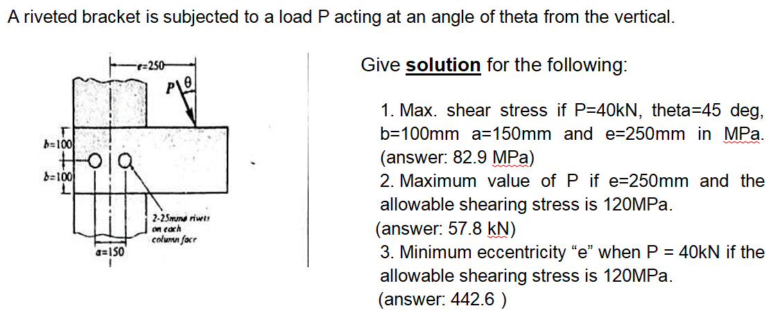 A riveted bracket is subjected to a load P acting