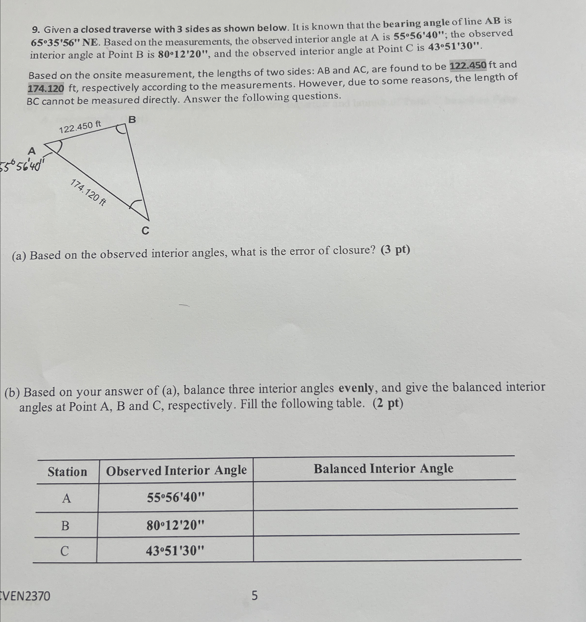 Given a closed traverse with 3 sides as shown