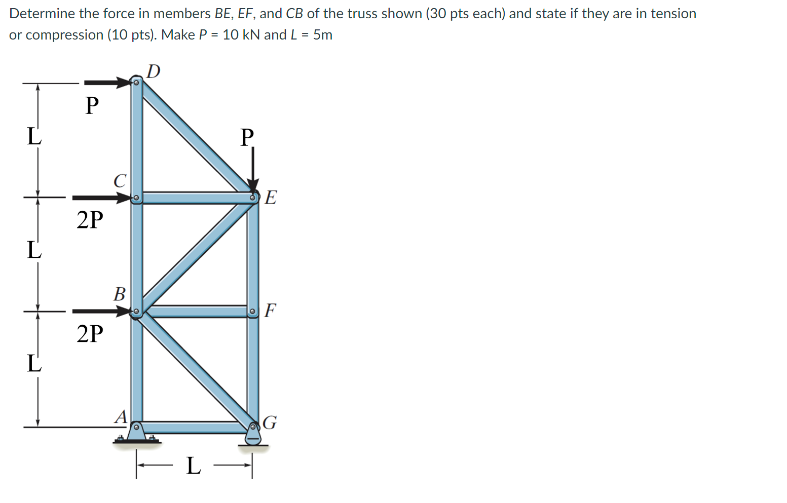 Determine the force in members B E , E F , and C