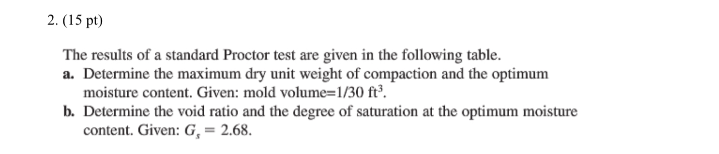 ( 1 5 p t ) The results of a standard Proctor