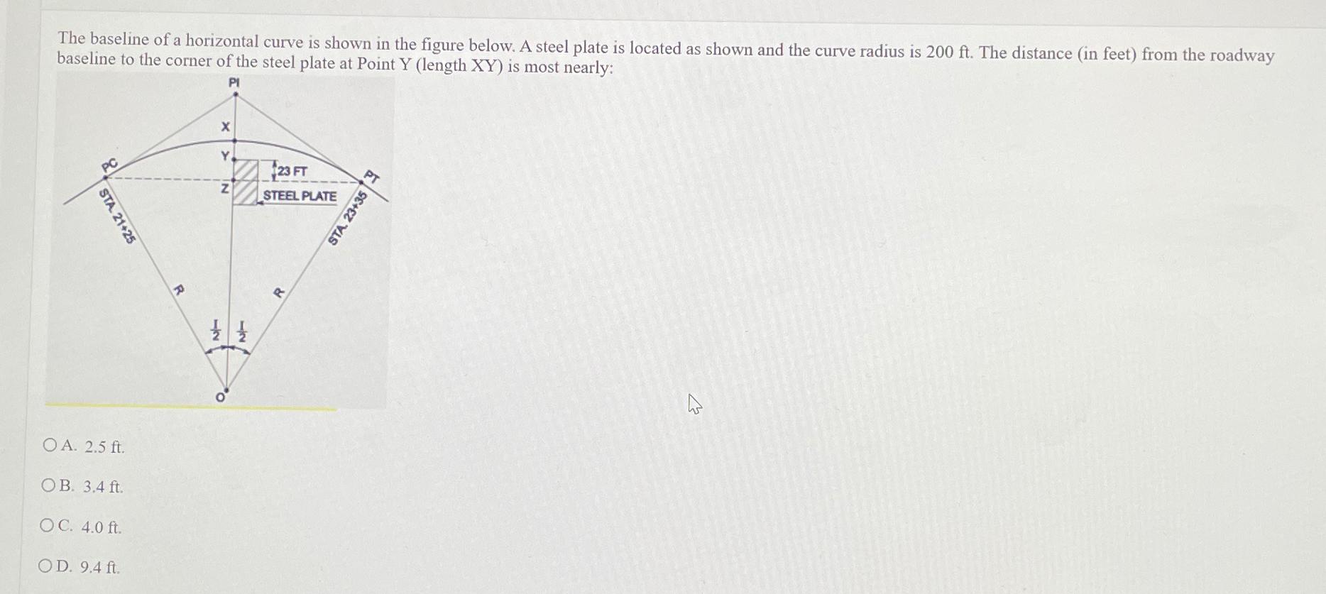 The baseline of a horizontal curve is shown in