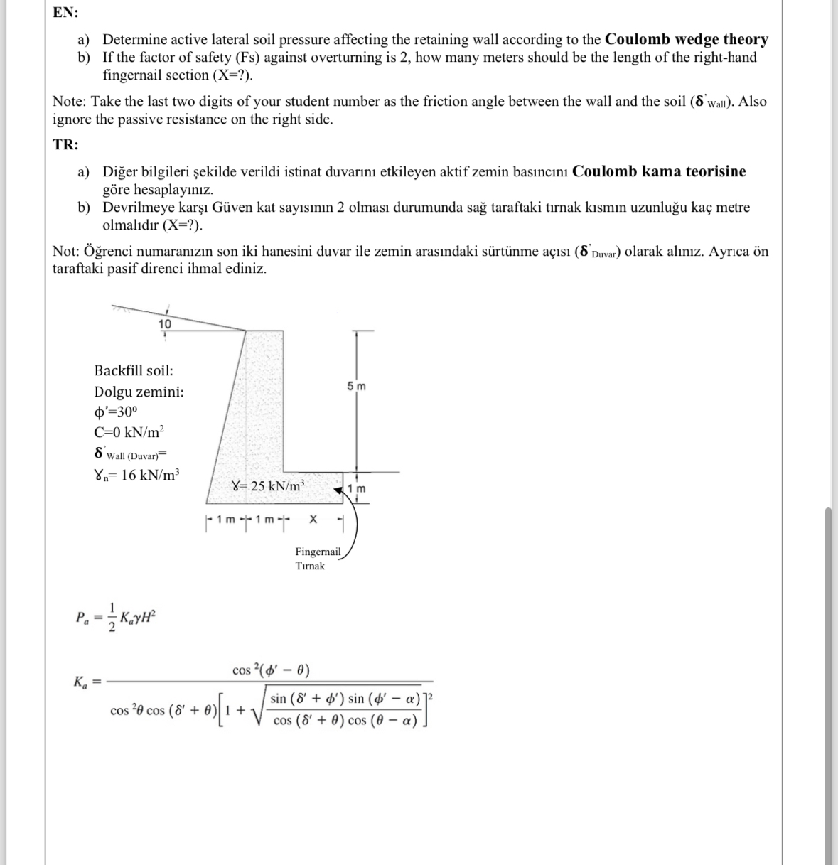 EN: a ) Determine active lateral soil pressure