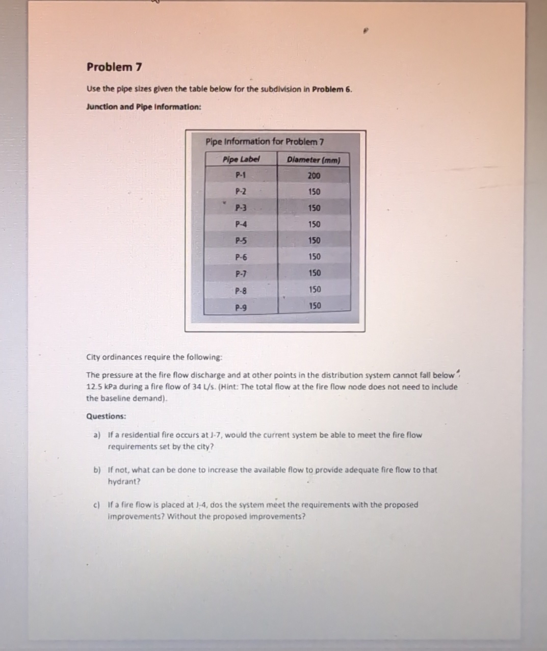 Problem 7 Use the pipe sizes given the table