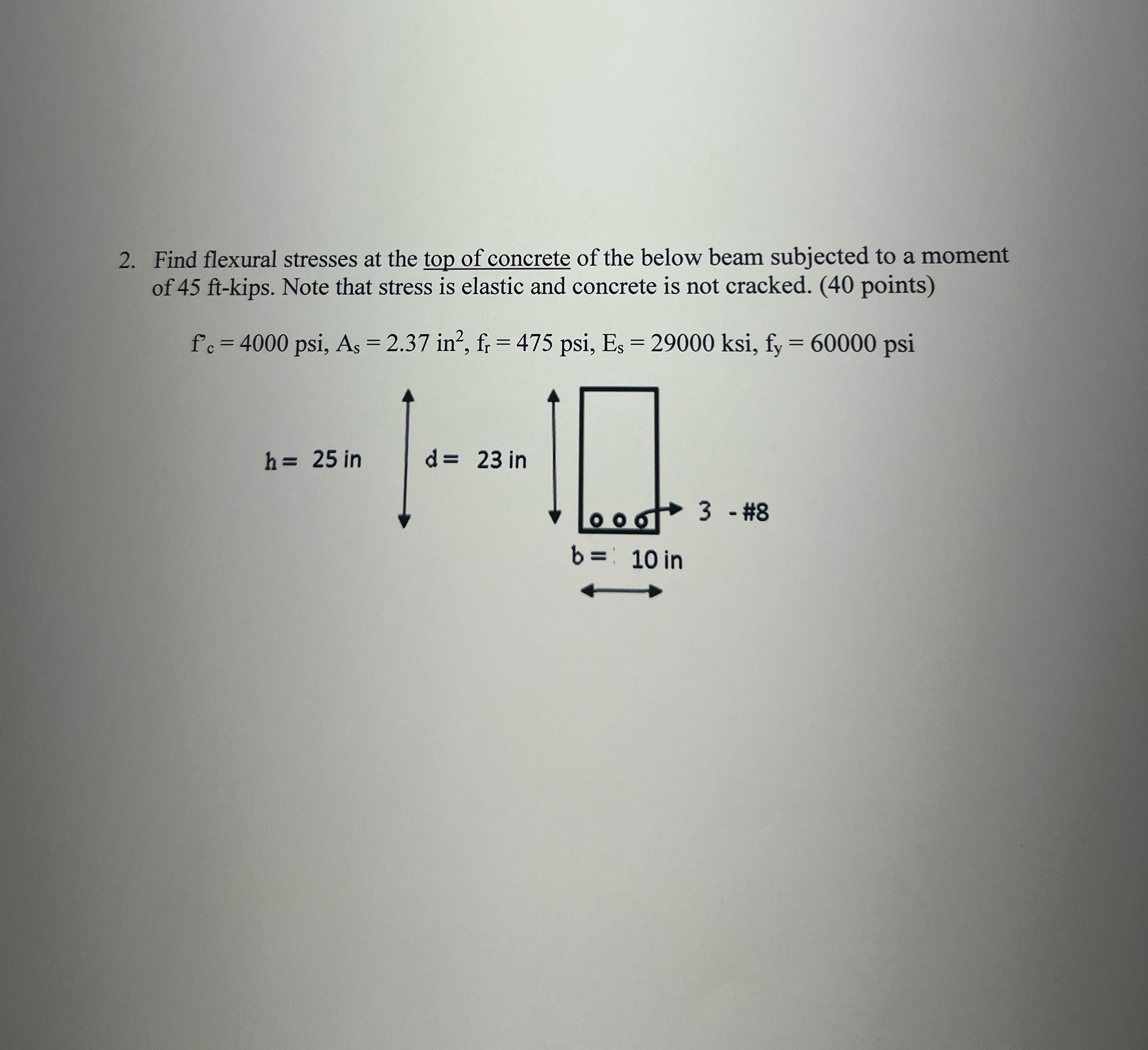 Find flexural stresses at the top of concrete of