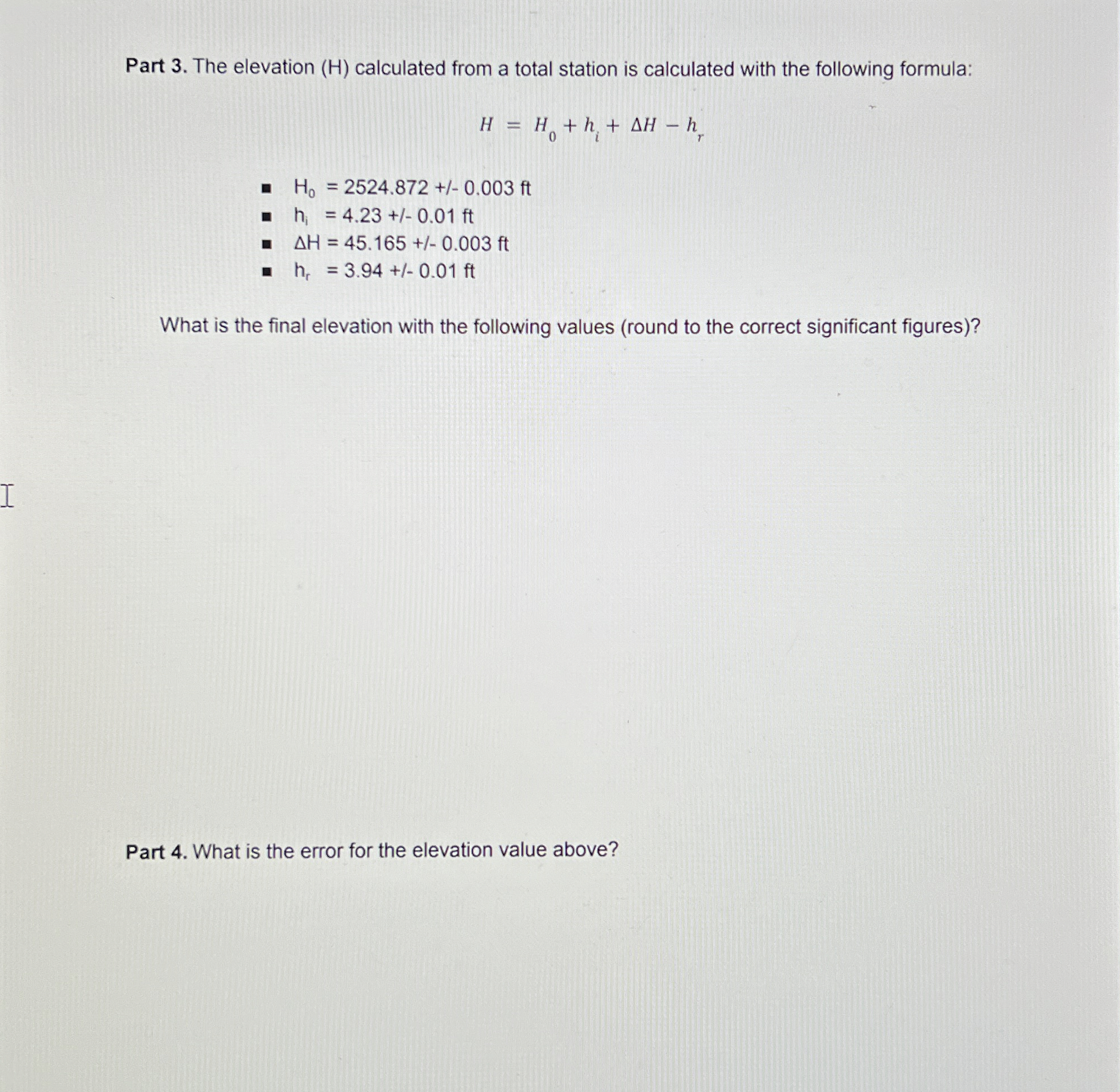Part 3 . The elevation ( H ) calculated from a