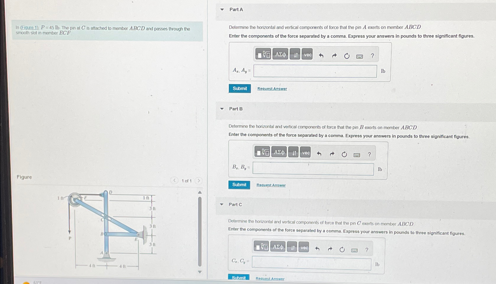 Part A In ( Figure 1 ) , P = 4 5 l b . The pin at