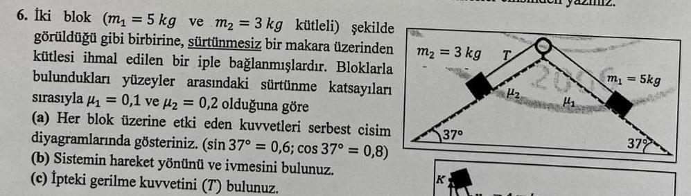 ki blok ( m 1 = 5 k g ve m 2 = 3 k g k tleli )