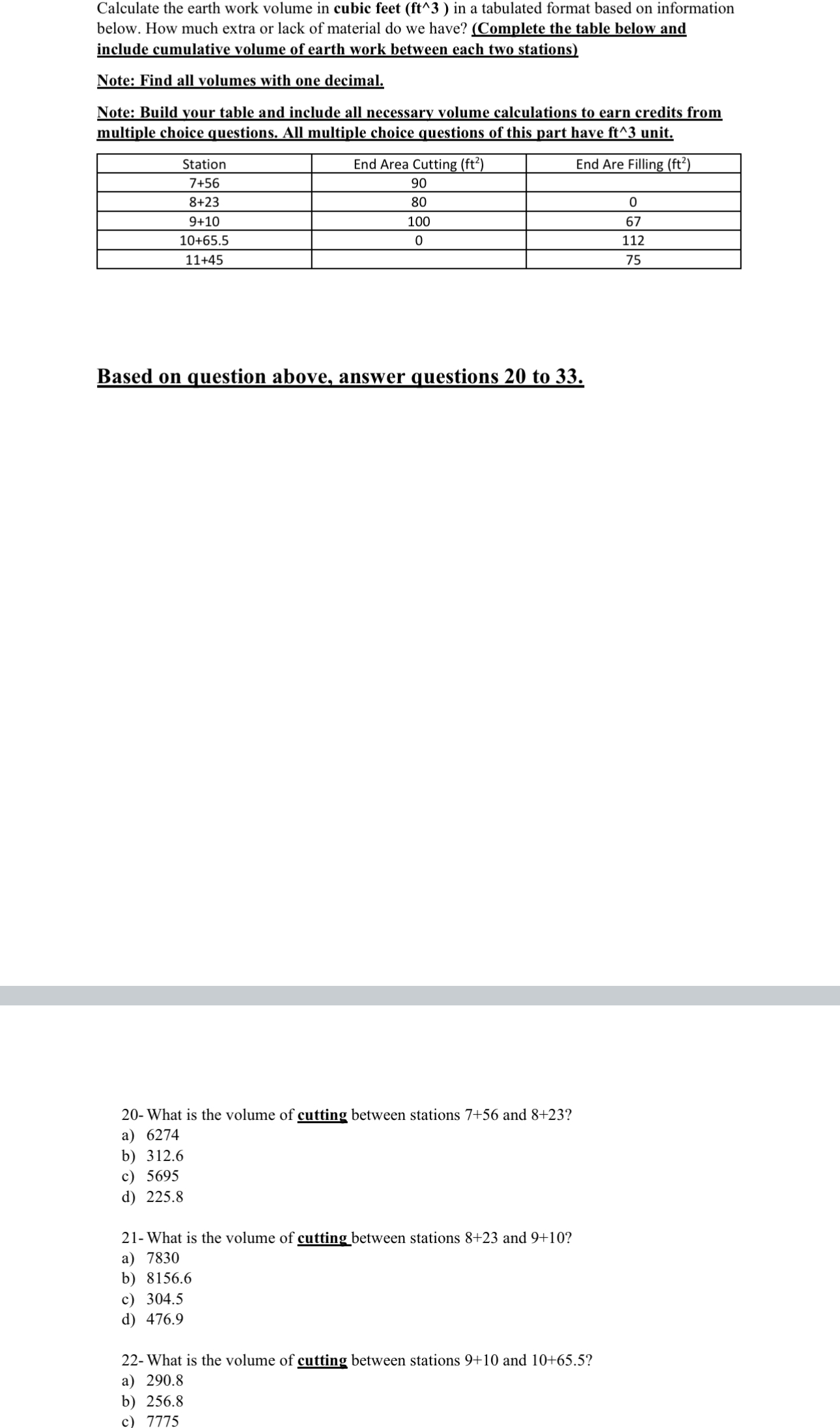 Calculate the earth work volume in cubic feet )