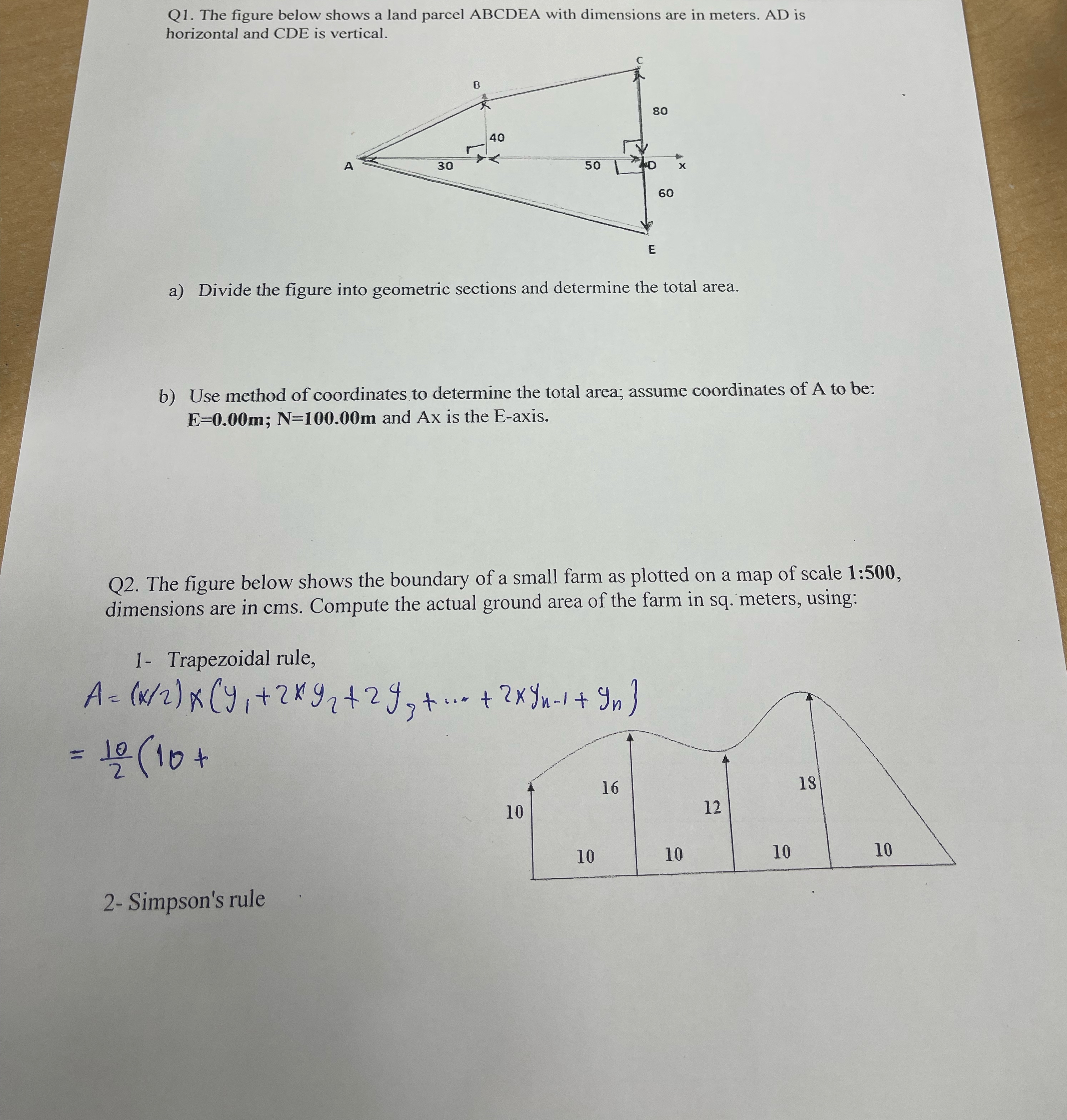 Q 1 . The figure below shows a land parcel ABCDEA