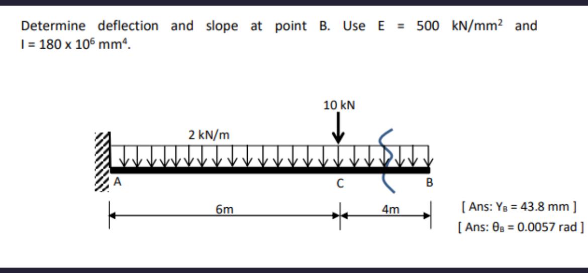 Determine deflection and slope at point B . Use E