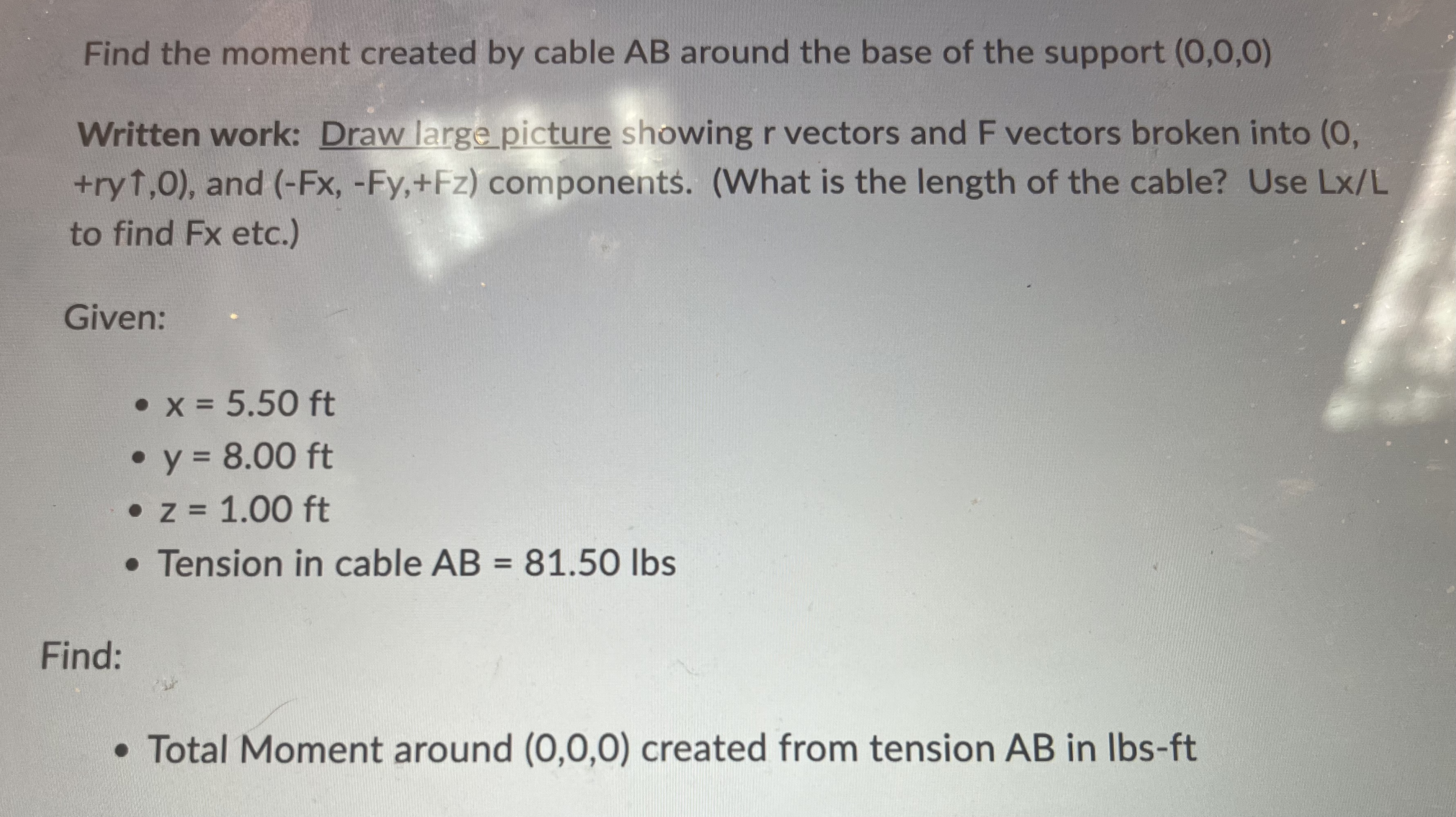 Find the moment created by cable A B around the