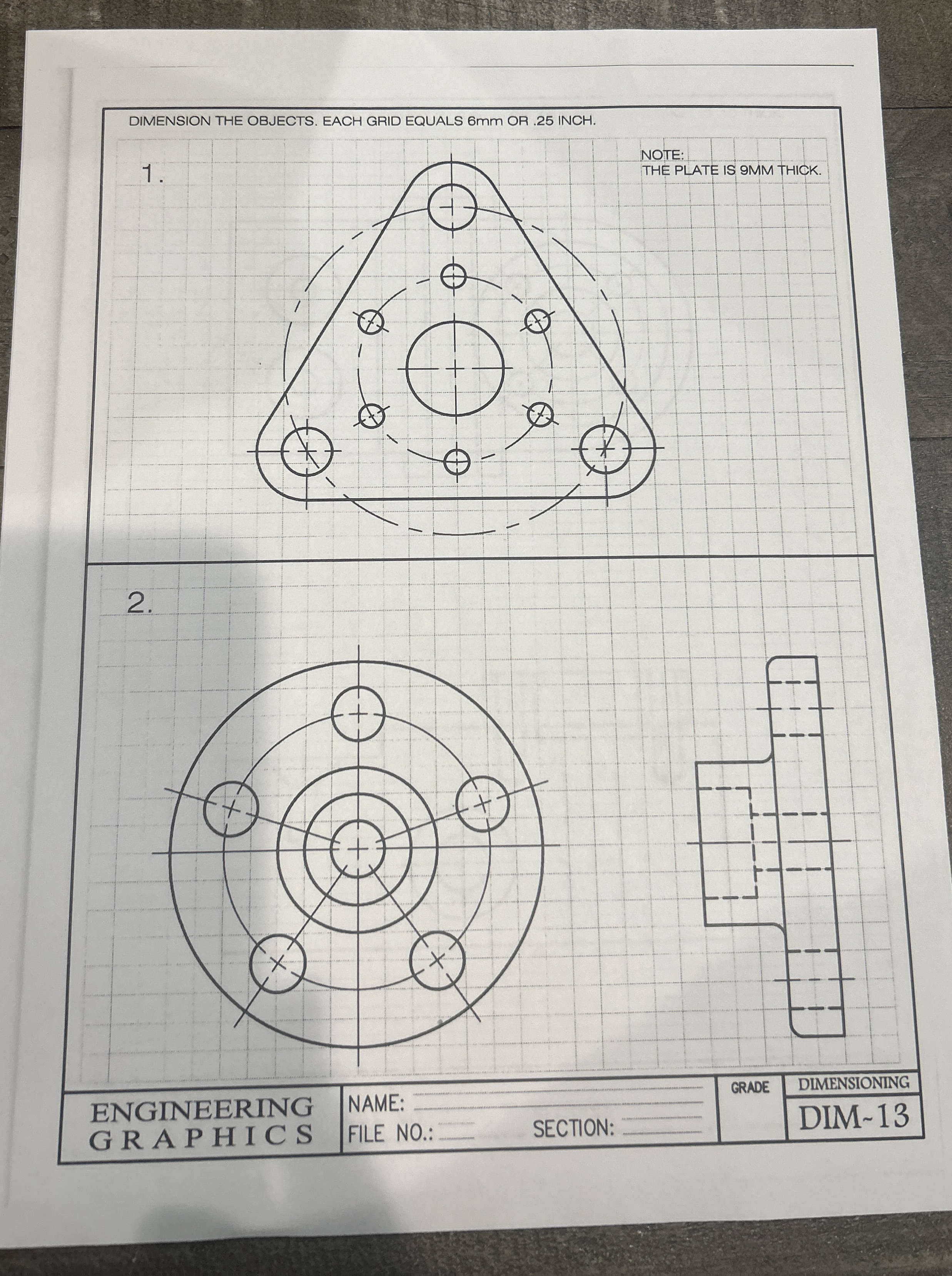 DIMENSION THE OBJECTS. EACH GRID EQUALS 6 mm OR .