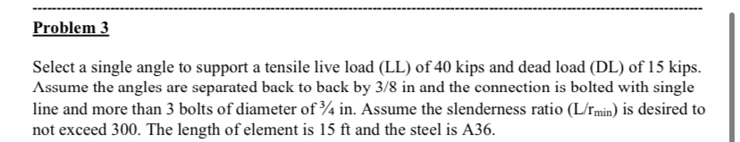 Problem 3 Select a single angle to support a