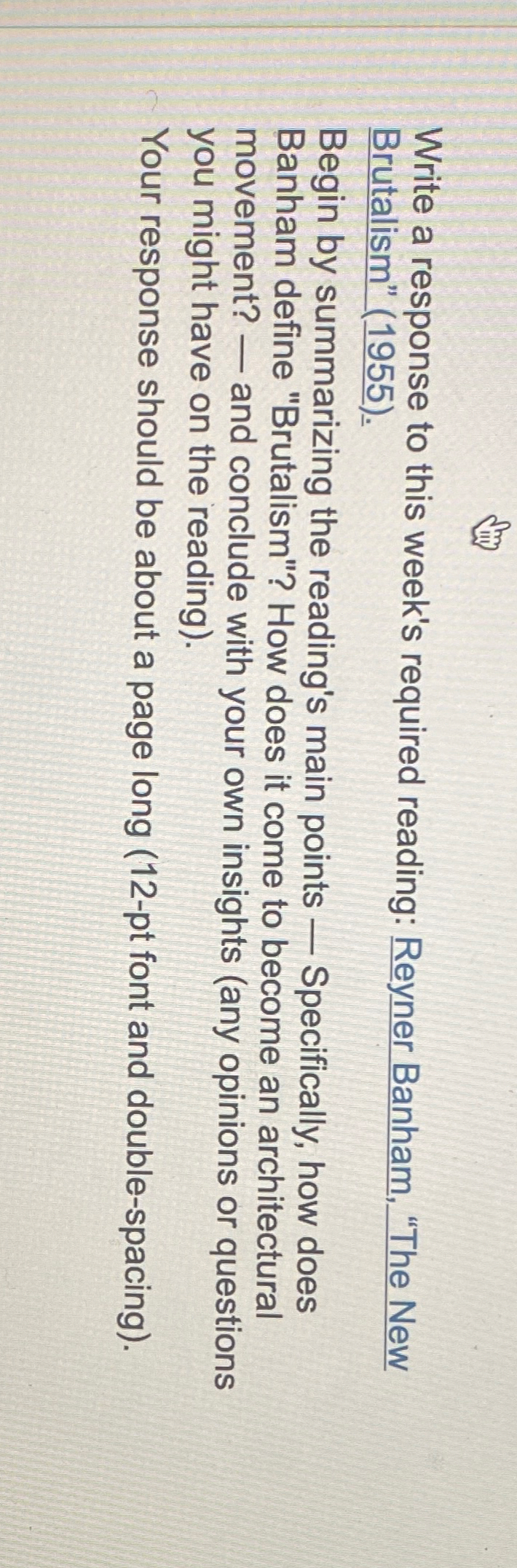 Write a response to this week's required reading: