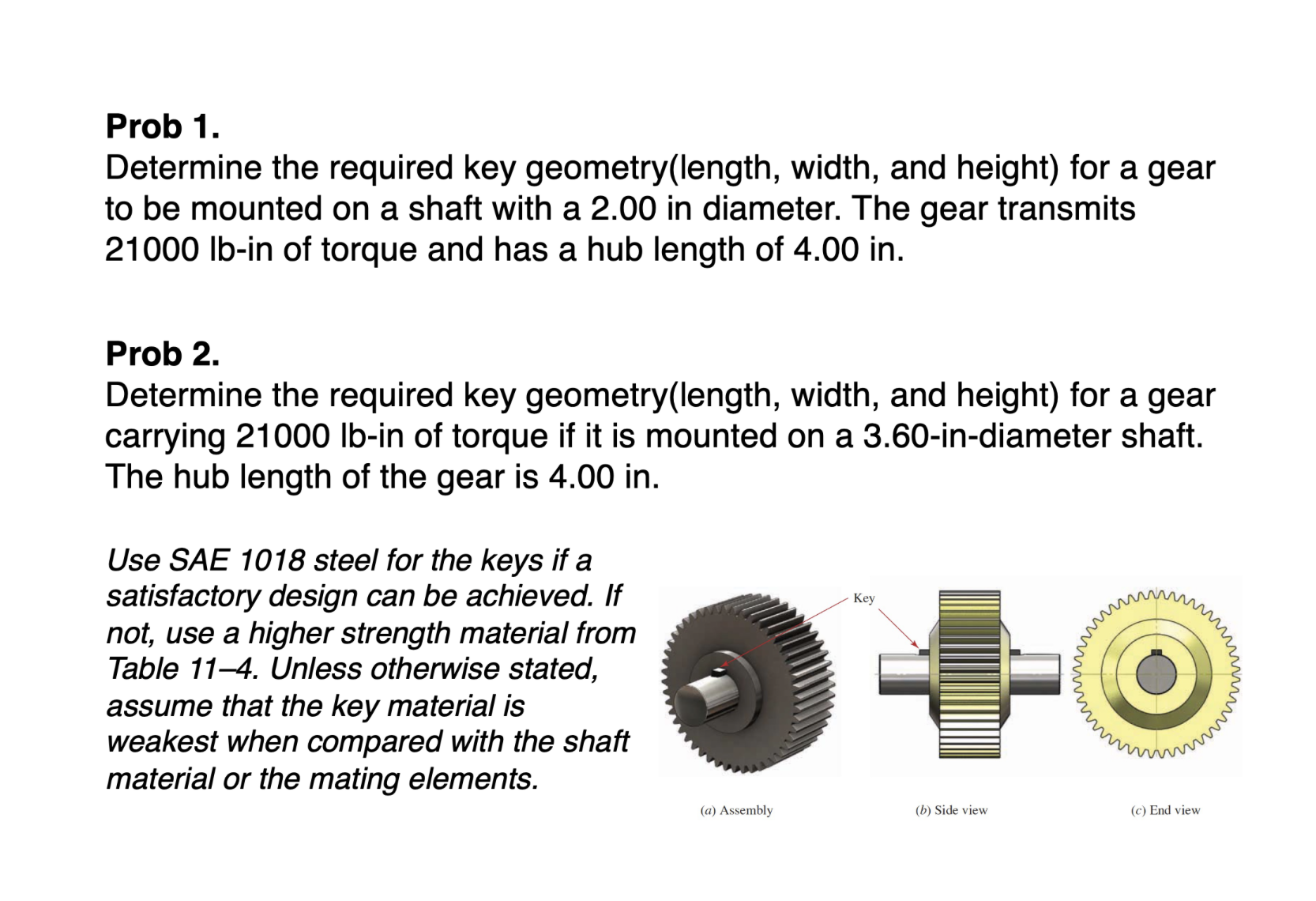 Prob 1 . Determine the required key geometry (