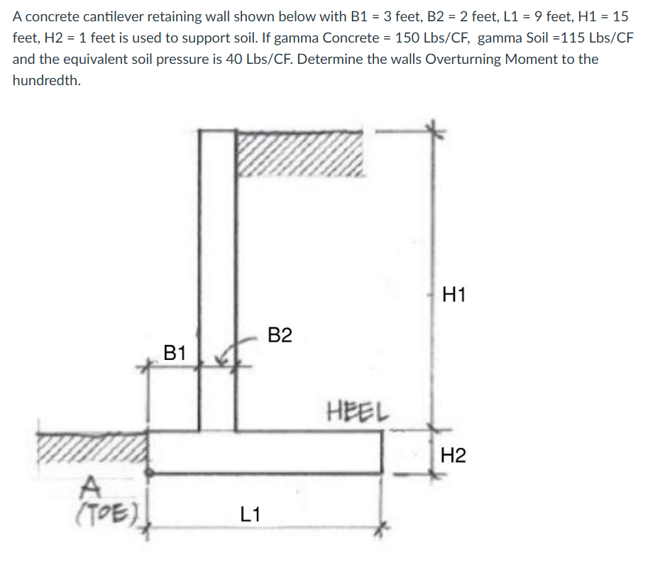 A concrete cantilever retaining wall shown below