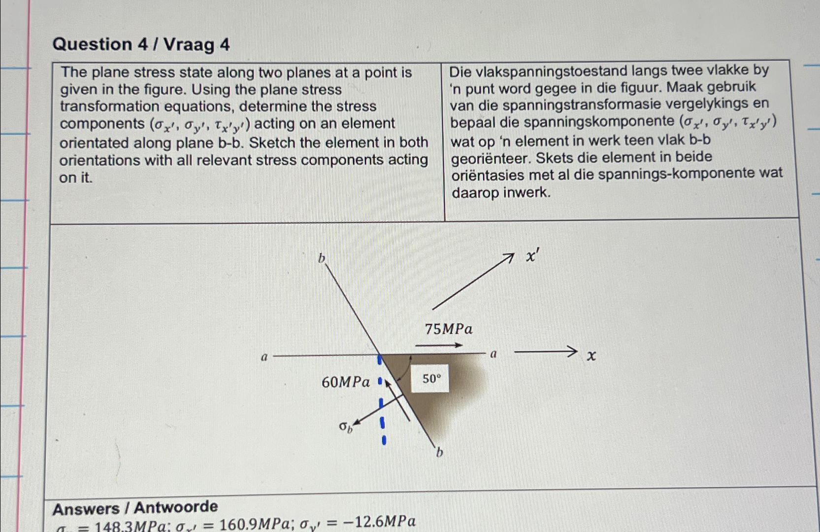 Question 4 / Vraag 4 The plane stress state along