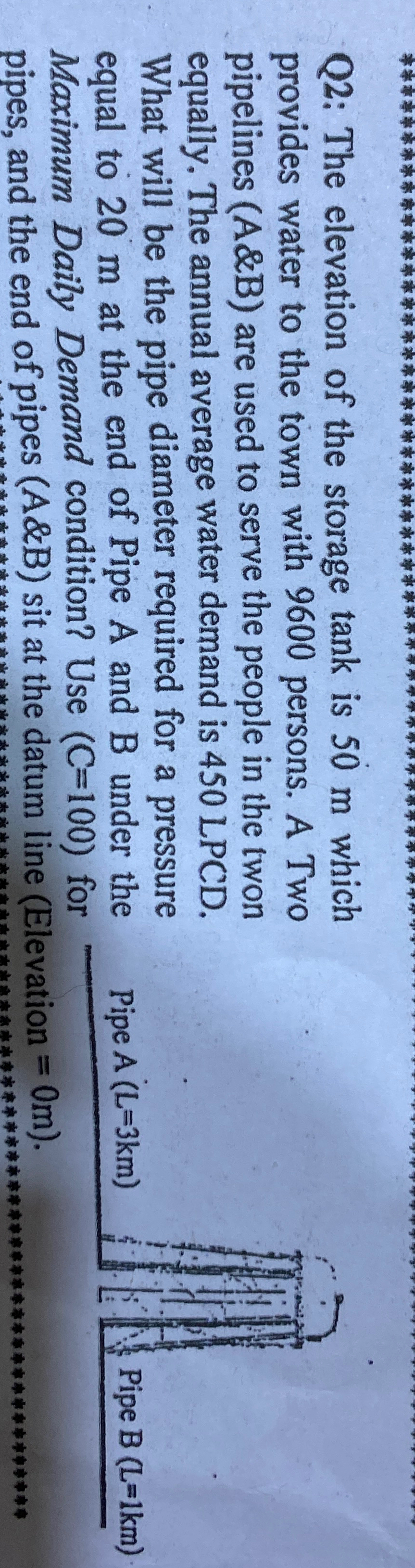 Q 2 : The elevation of the storage tank is 5 0 m