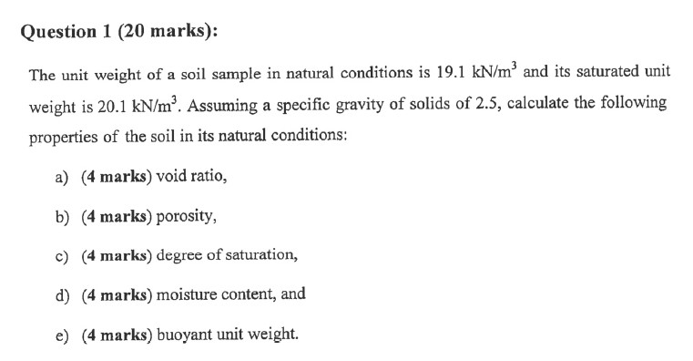 Question 1 ( 2 0 marks ) : The unit weight of a