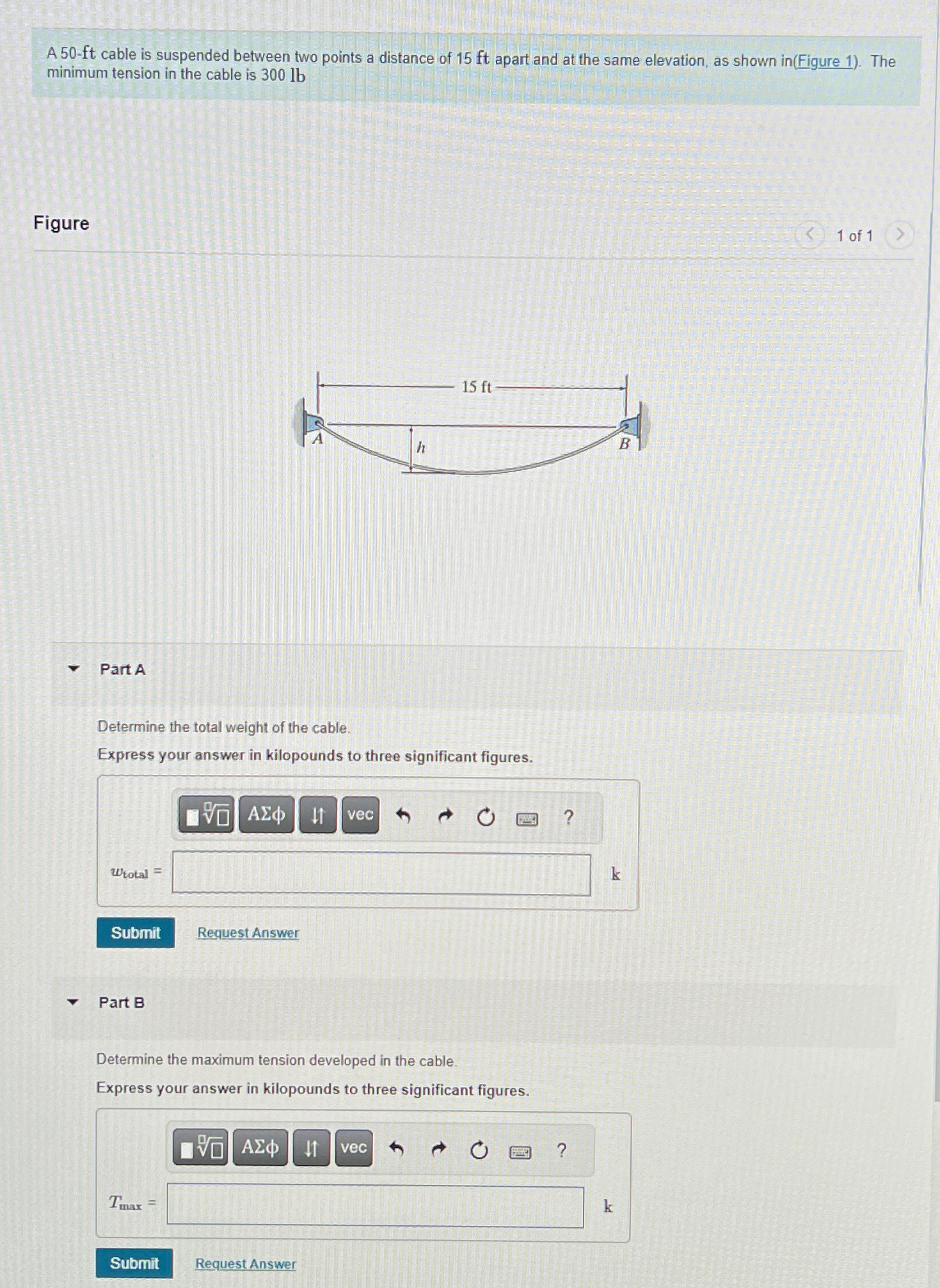 A 5 0 ft cable is suspended between two points a