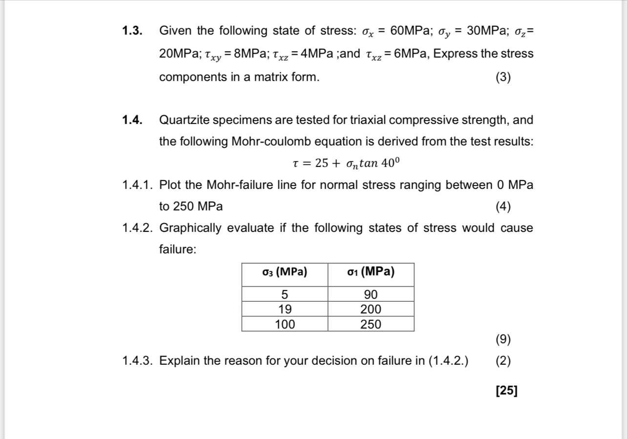 1 . 3 . Given the following state of stress: x =