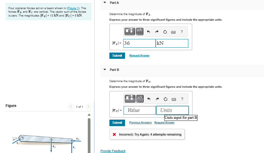 Four coplanar forces act on a beam shown in (