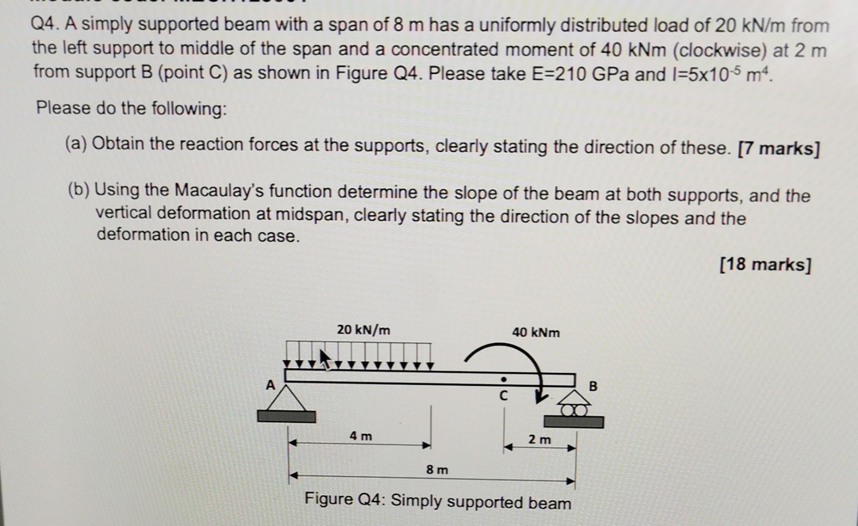 A simply supported beam of length L = 8 meters